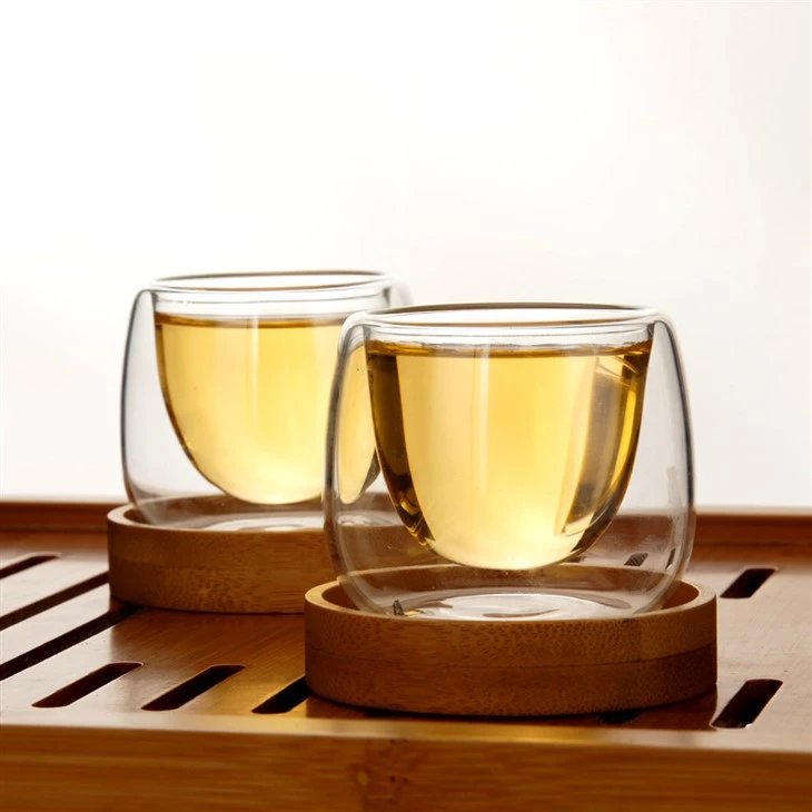 Double Walled Glass Cup With Wooden Tray