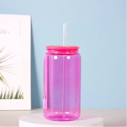 Candy Colored Cola Glass Mug With PP Lid And Straw
