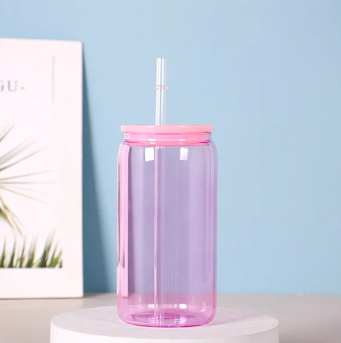 Candy Colored Cola Glass Mug With PP Lid And Straw
